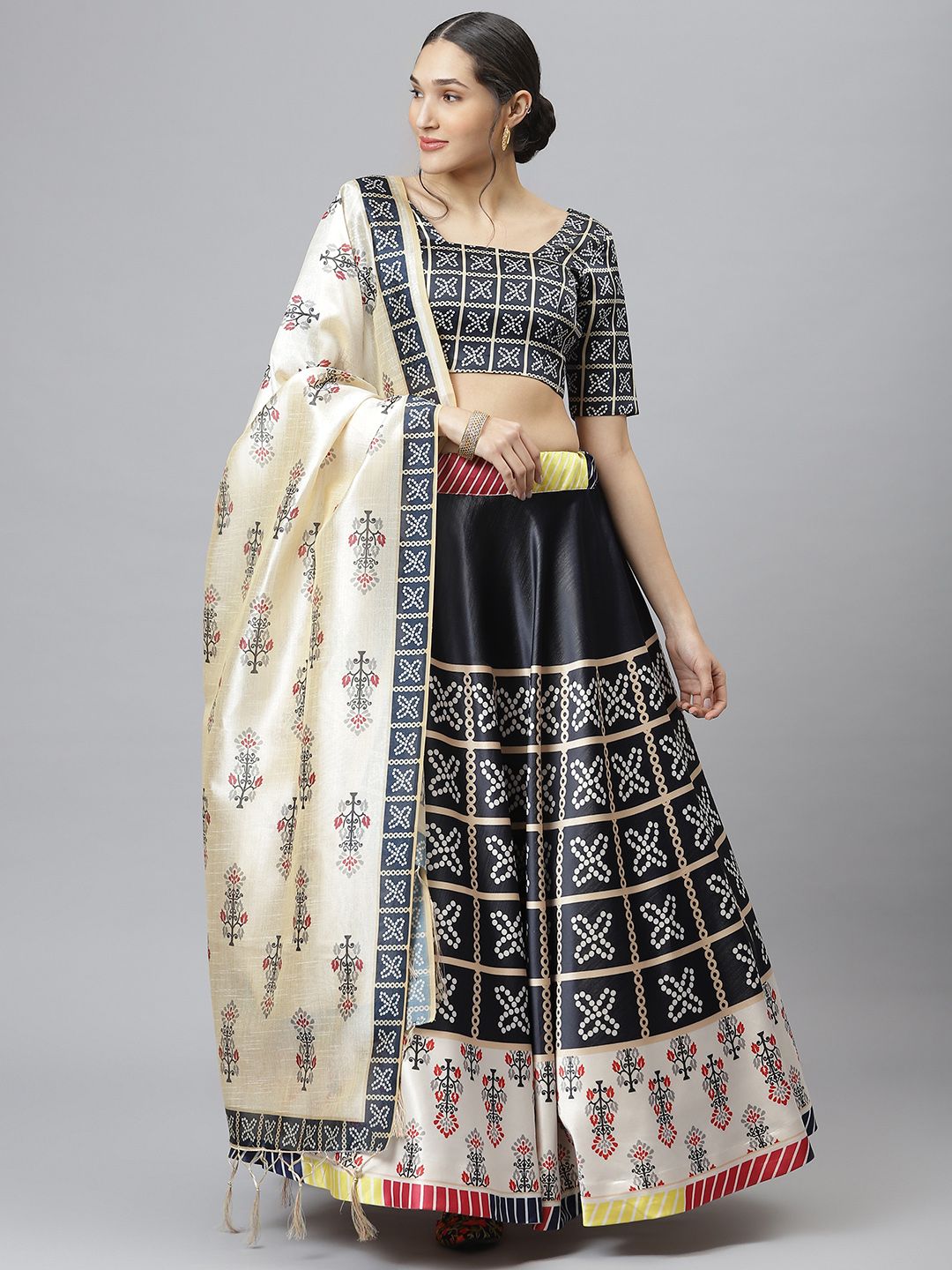 SHUBHVASTRA Navy Blue & Off White Printed Semi-Stitched Lehenga & Unstitched Blouse With Dupatta Price in India