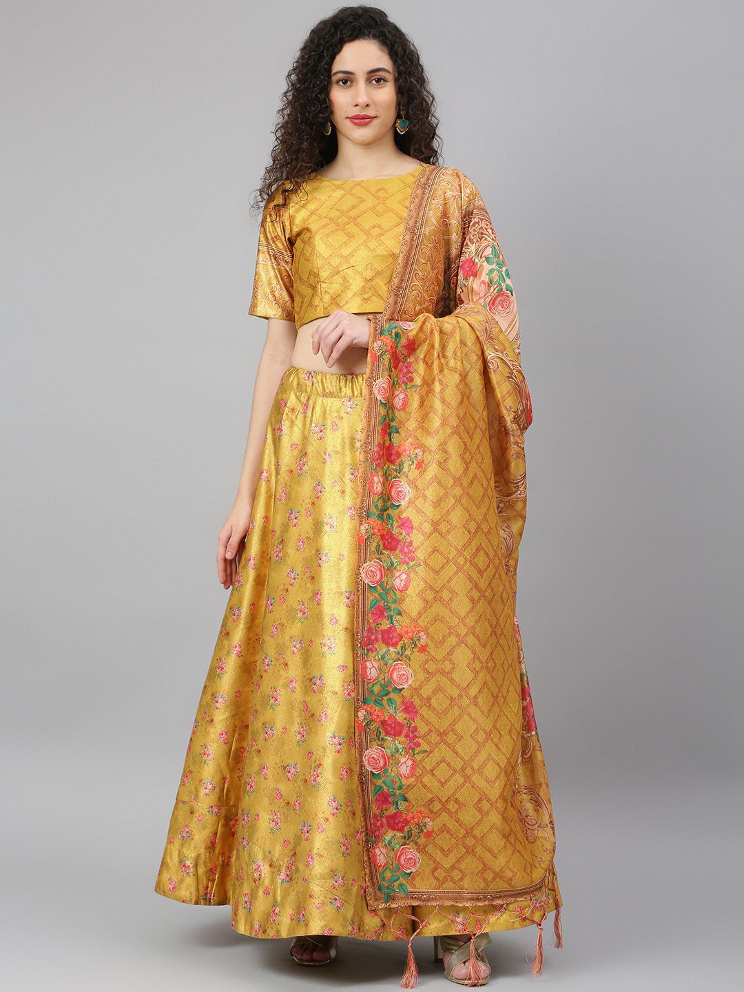 SHUBHVASTRA Yellow & Pink Printed Semi-Stitched Lehenga & Unstitched Blouse With Dupatta Price in India