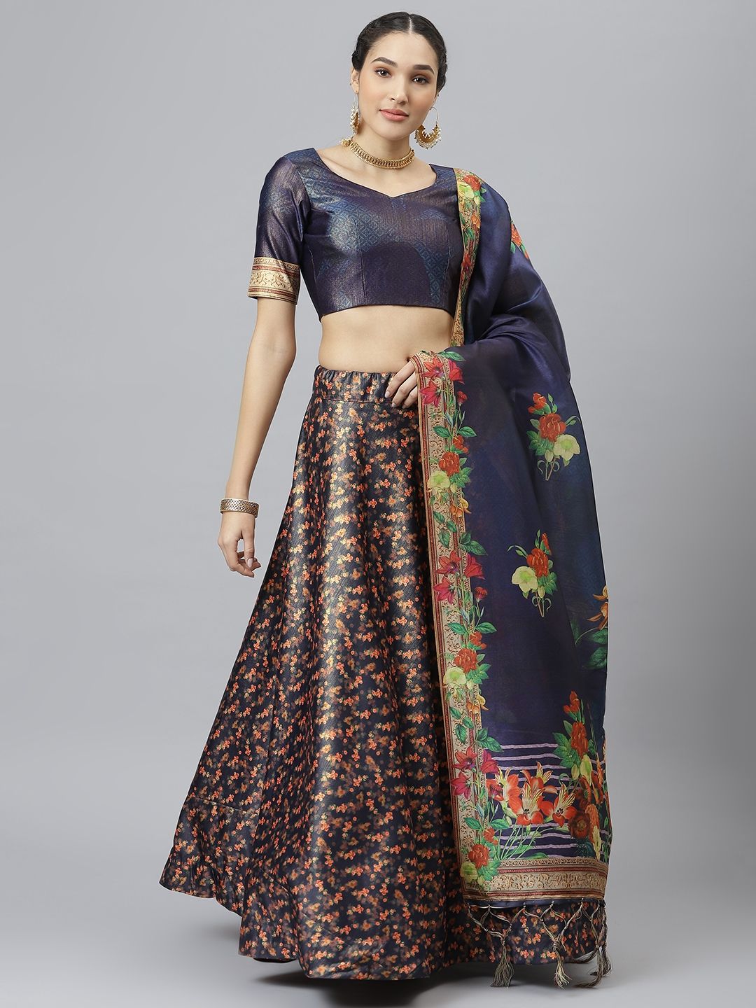 SHUBHVASTRA Blue & Navy Printed Semi-Stitched Lehenga & Unstitched Blouse With Dupatta Price in India