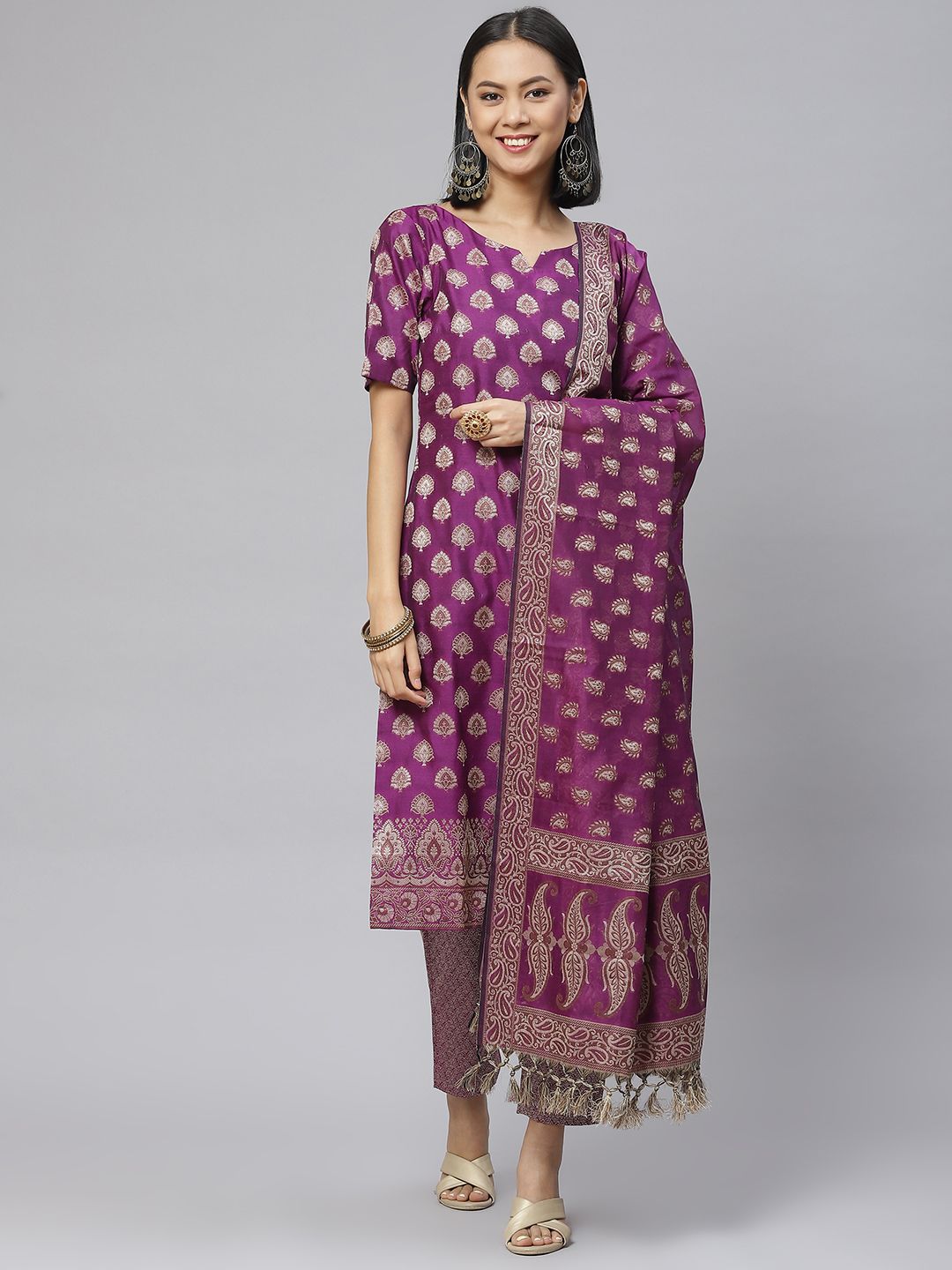 BharatSthali Purple & Silver Banarasi Woven Design Unstitched Kurta Set Material Price in India