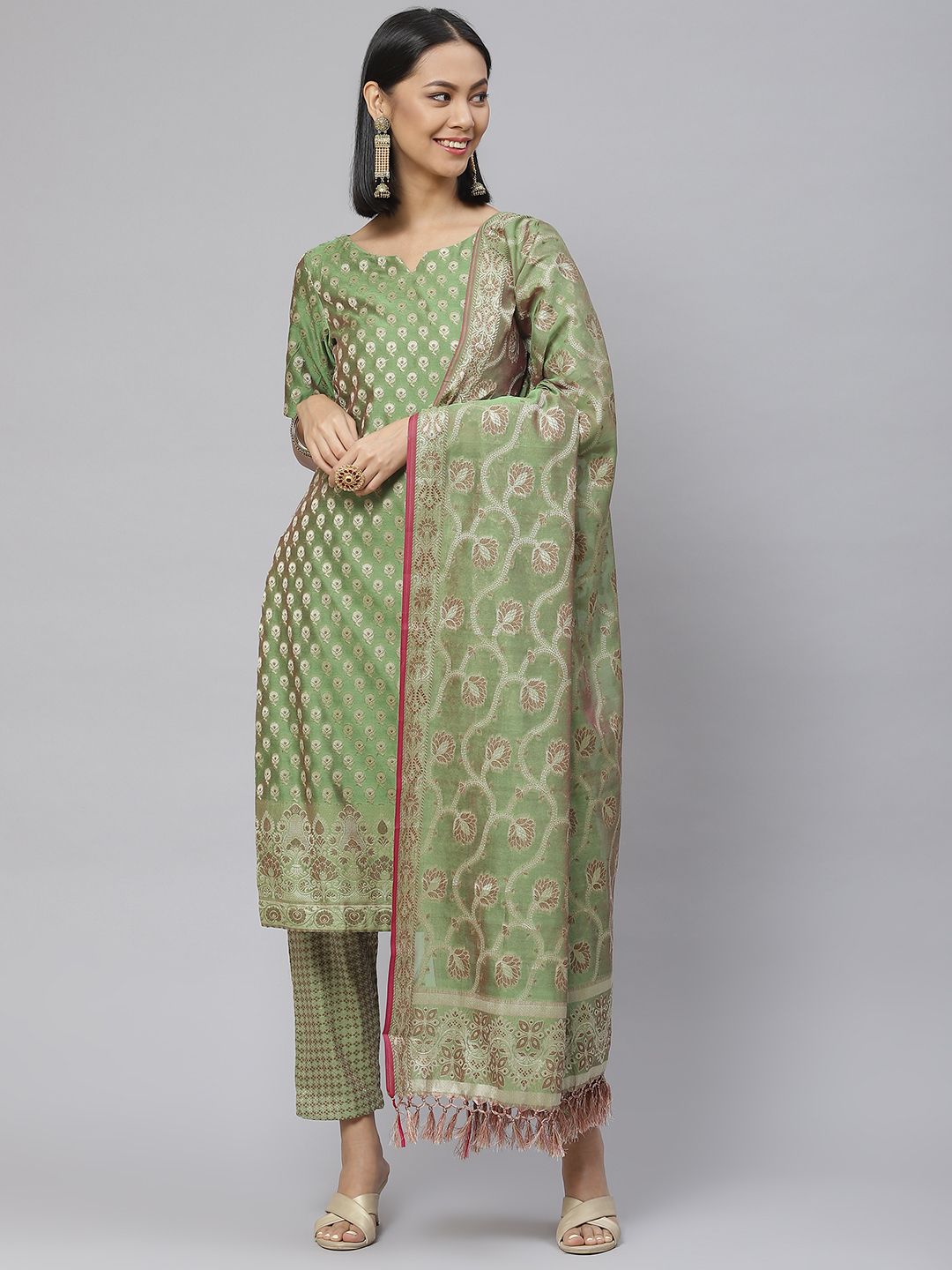 BharatSthali Green & Golden Woven Design Unstitched Banarasi Dress Material Price in India