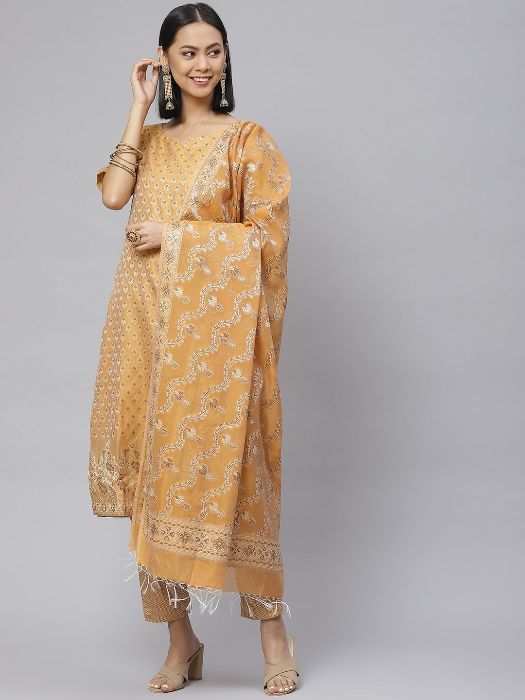 BharatSthali Orange & Silver Banarasi Woven Design Unstitched Kurta Set Material Price in India