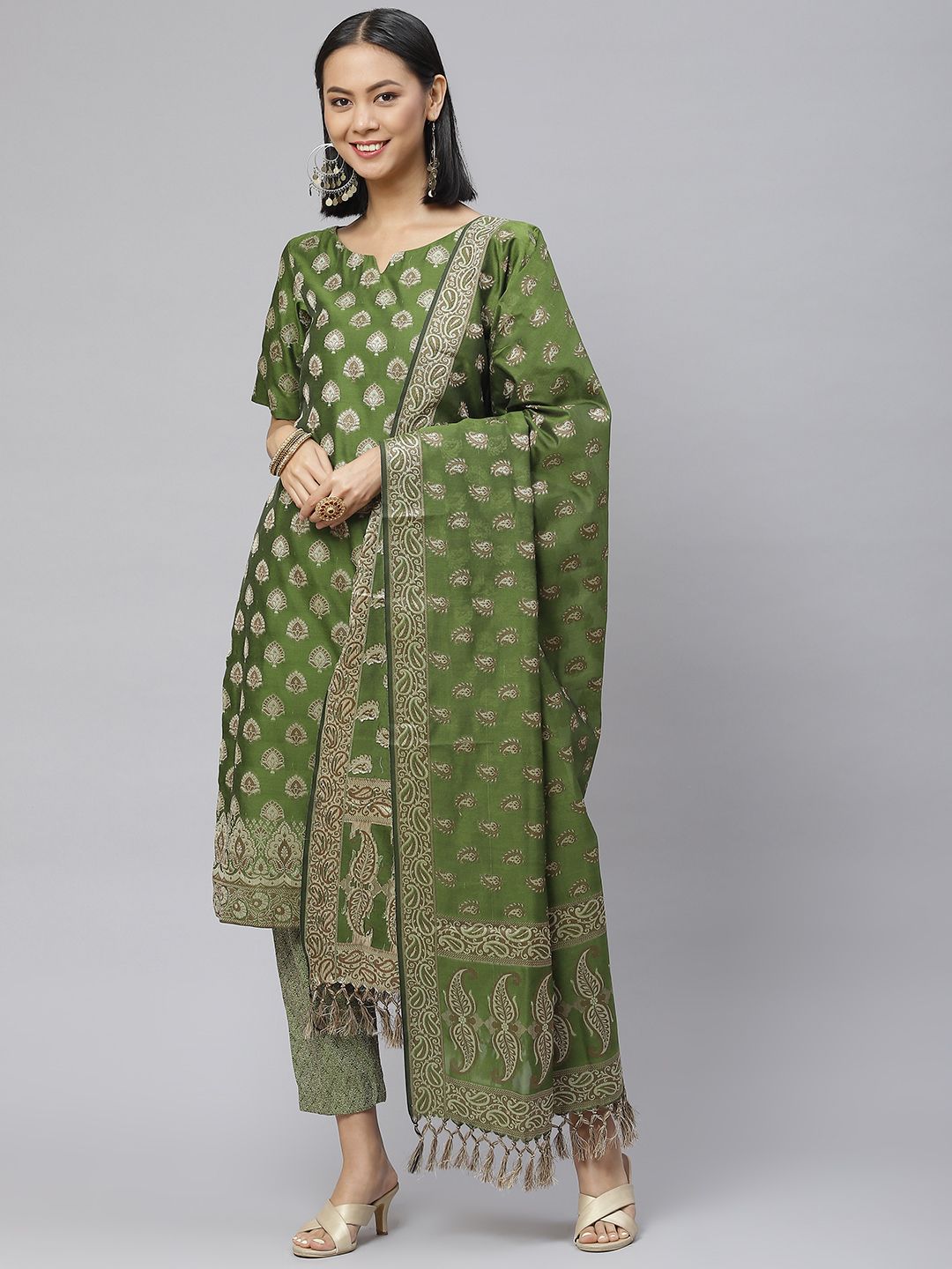 BharatSthali Green Unstitched Banarasi Dress Material Price in India