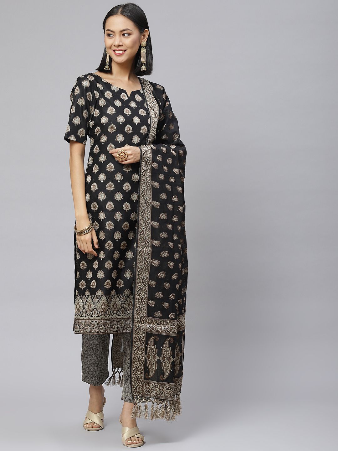 BharatSthali Black & Silver Woven Design Unstitched Banarasi Dress Material Price in India