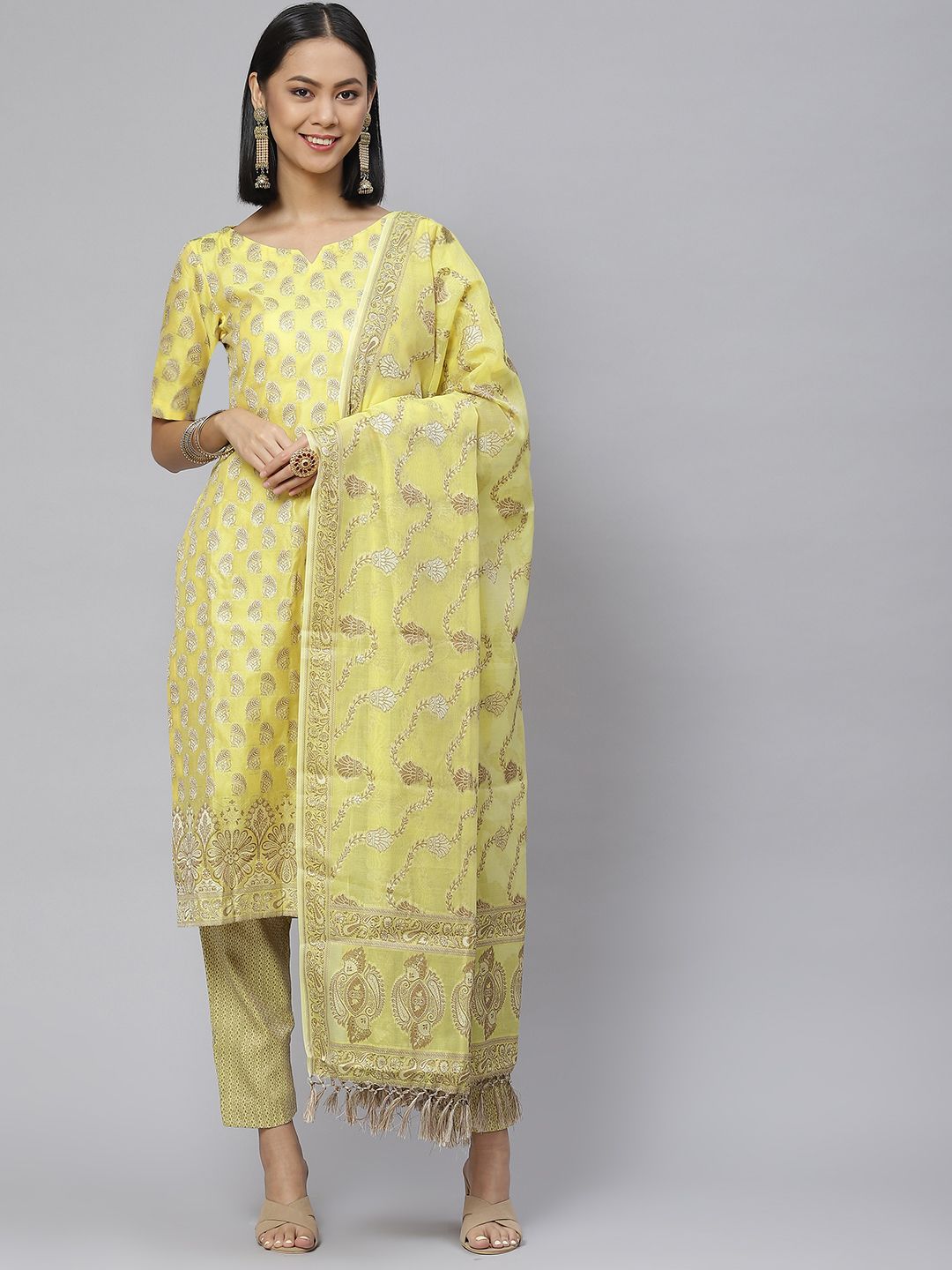 BharatSthali Yellow & Golden Banarasi Woven Design Unstitched Kurta Set Material Price in India