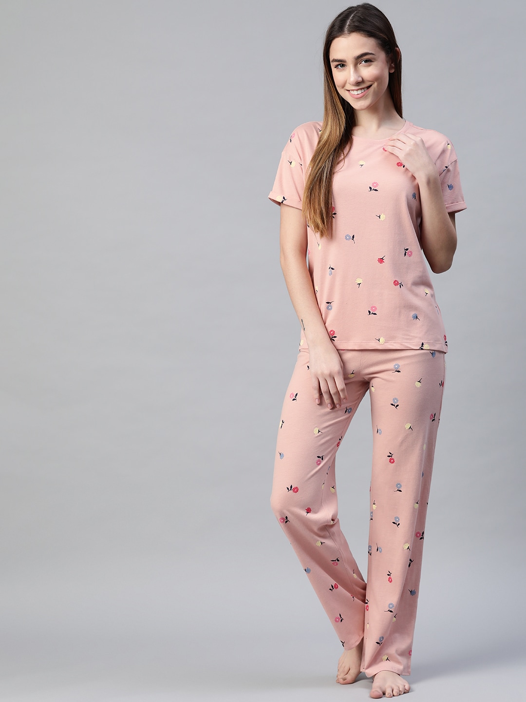 Marks & Spencer Women Pink & Navy Blue Printed Night suit Price in India