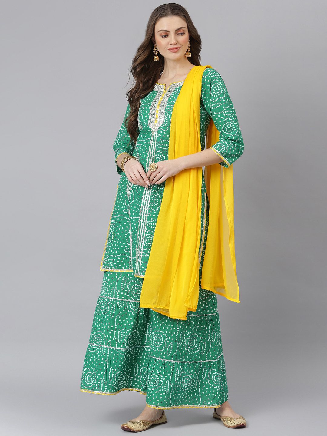 Stylum Women Green Embroidered Pure Cotton Kurta with Sharara & With Dupatta Price in India