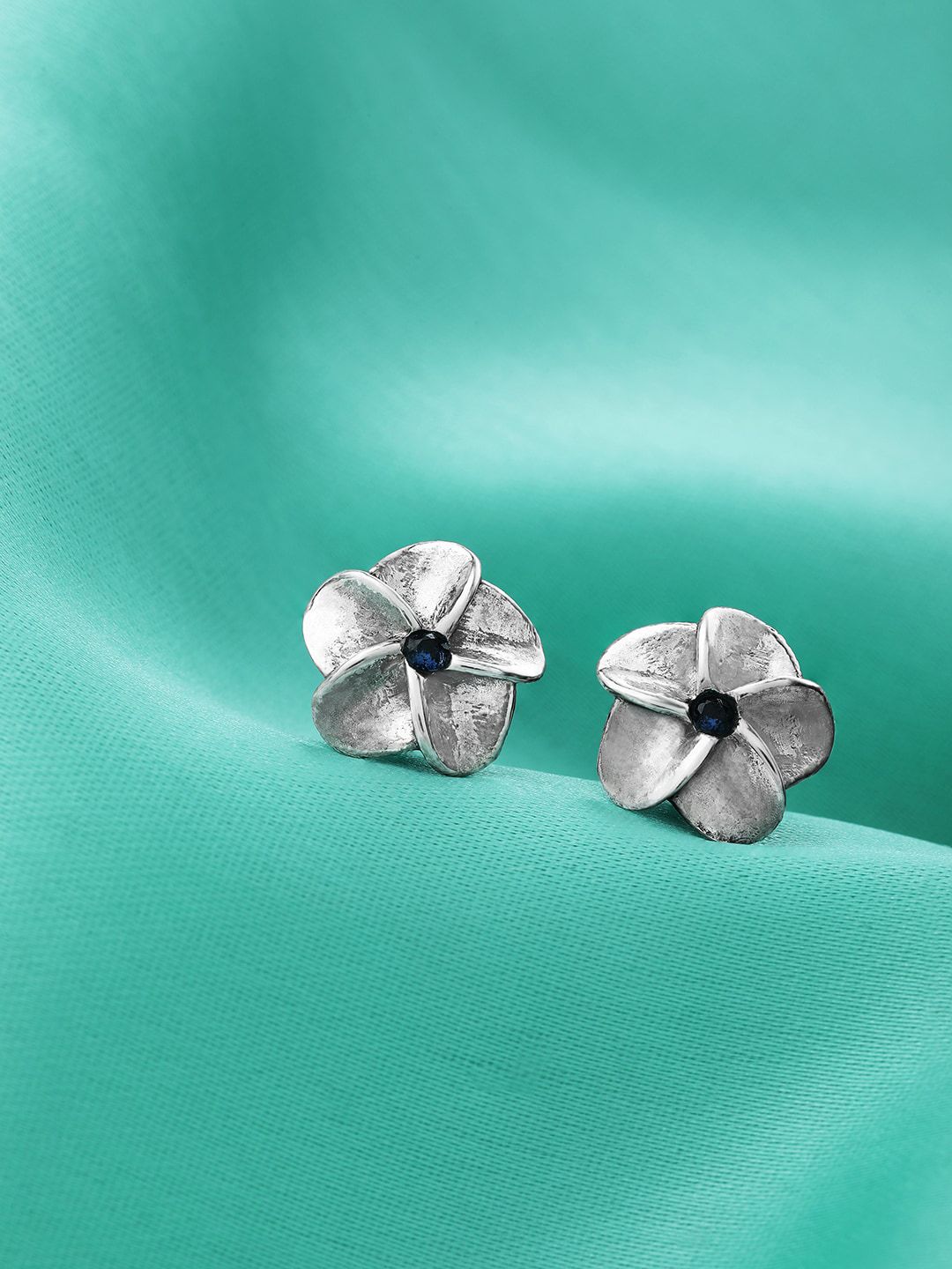 GIVA Silver-Toned & Navy Blue 925 Sterling Silver Oxidised Bloom Studs Earrings Price in India