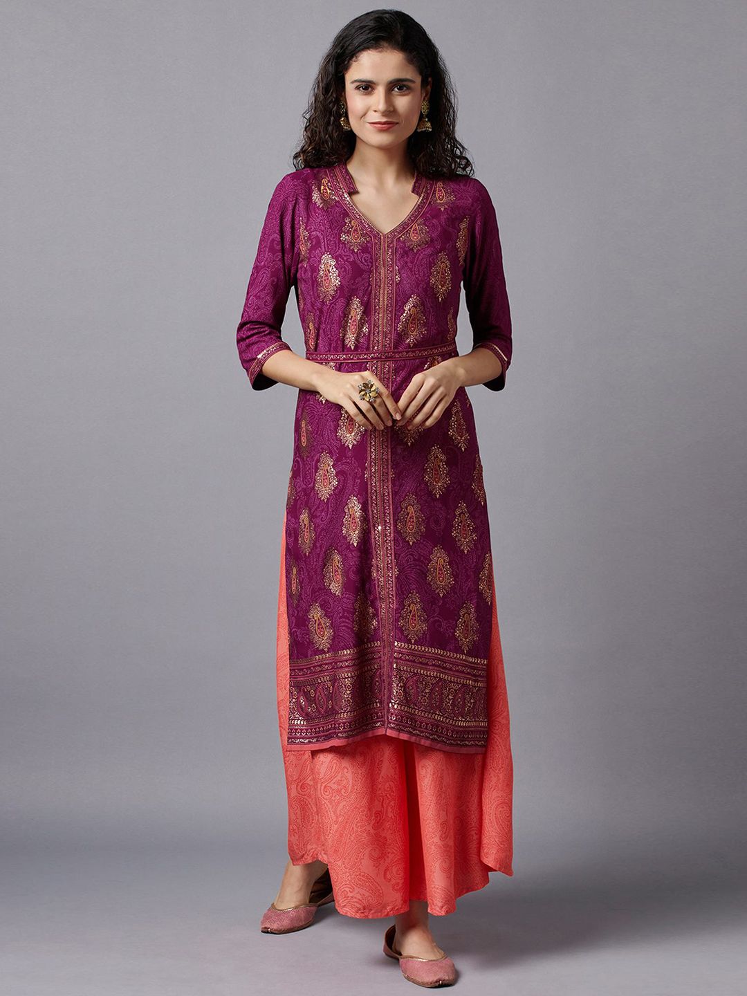 AURELIA Women Purple Paisley Embroidered Kurta Price in India