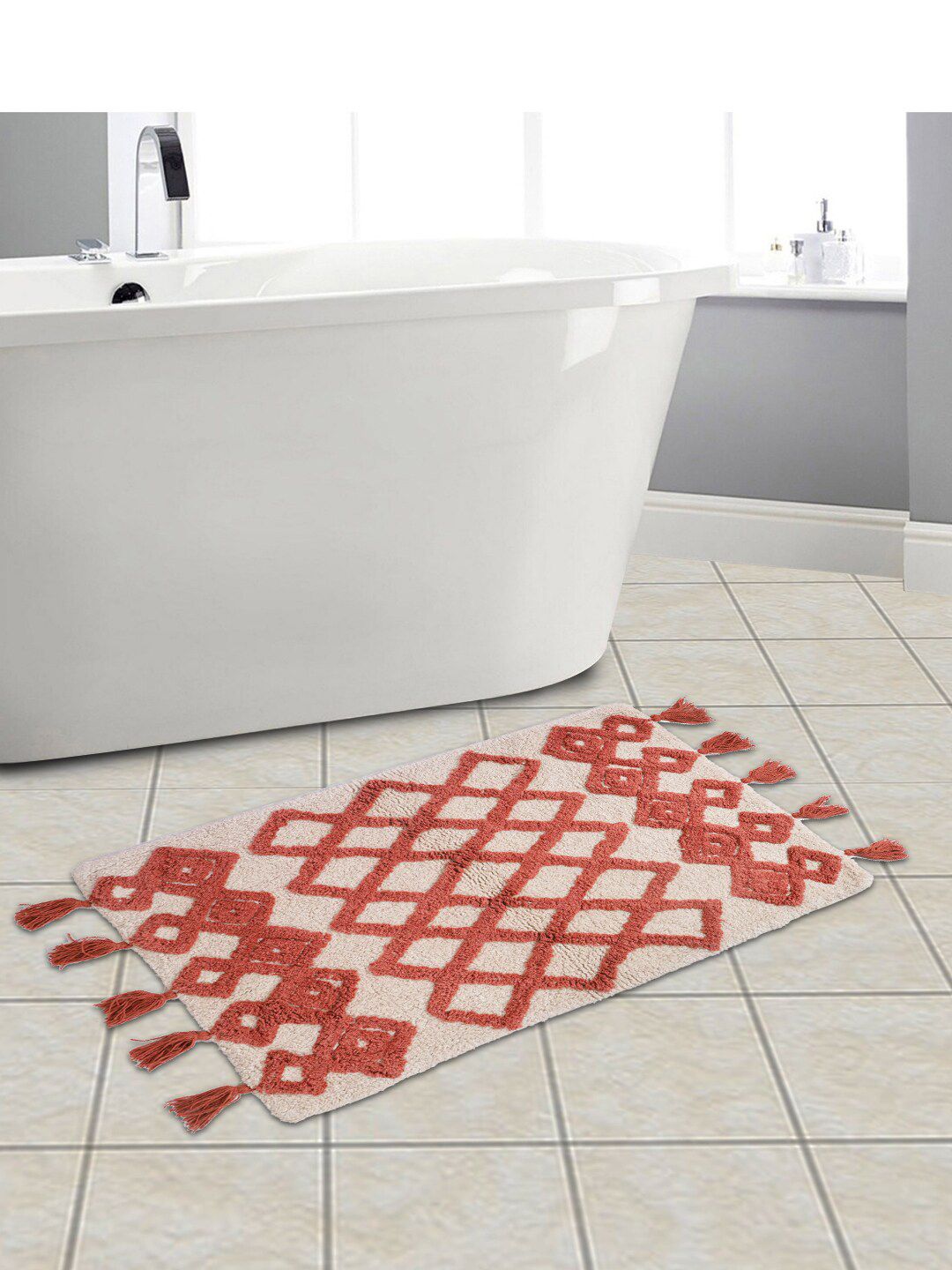 Eyda White and Rust 500 GSM Cotton Bath Rug Price in India