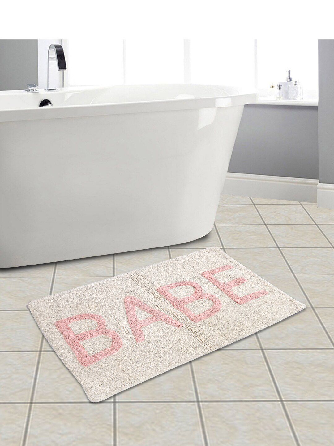 eyda White and Pink Printed Cotton Bath Rug Price in India