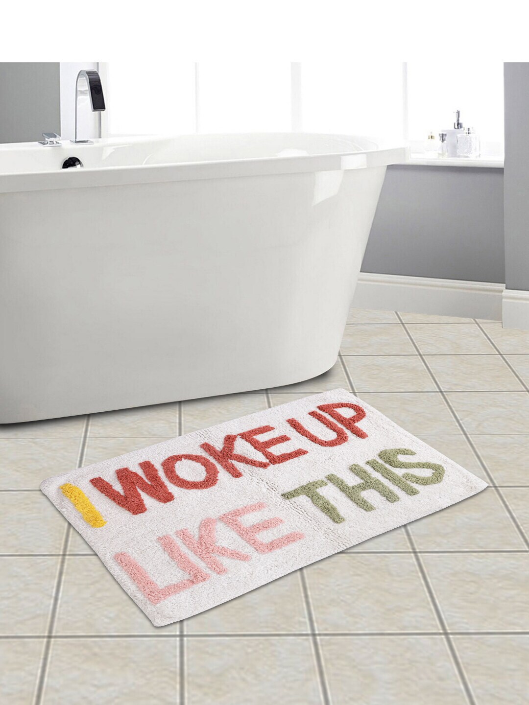 eyda White & Red Typography Cotton Bath Rug Price in India