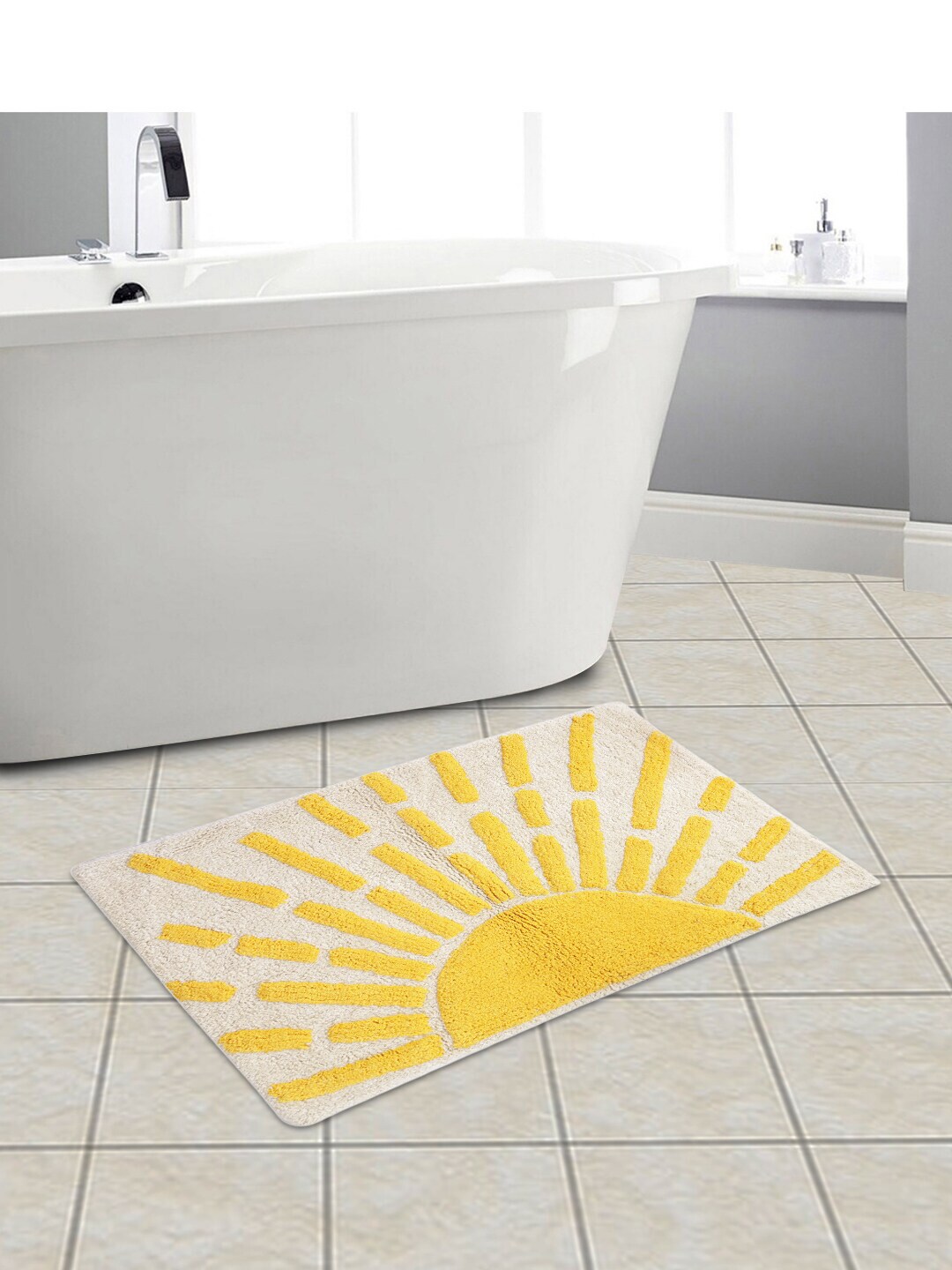 eyda White and Yellow 500 GSM Textured Cotton Bath Rug Price in India