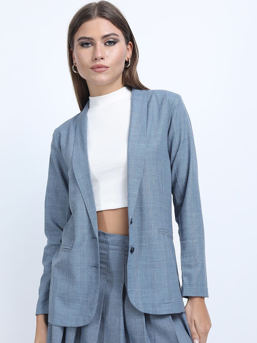 Tokyo Talkies Women Blue Checked Single-Breasted Formal Blazer Price in India