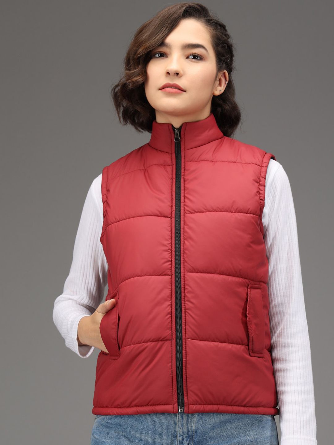 Kotty Women Maroon Colourblocked Training or Gym Padded Jacket Price in India