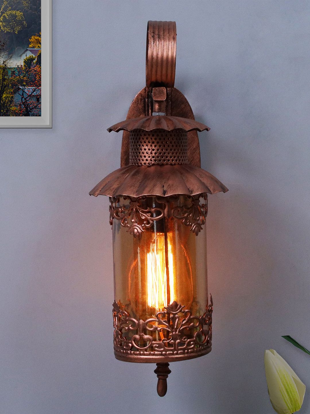 Homesake Copper-Coloured Rust Finish Filigree Cylinder Wall Lamp Price in India