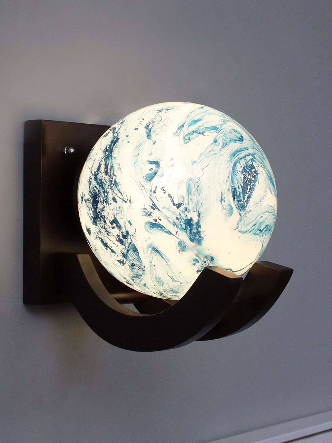 Homesake Blue & White Nordic Wooden Earth Shaped Wall Lamp with Marble Glass Shades Price in India