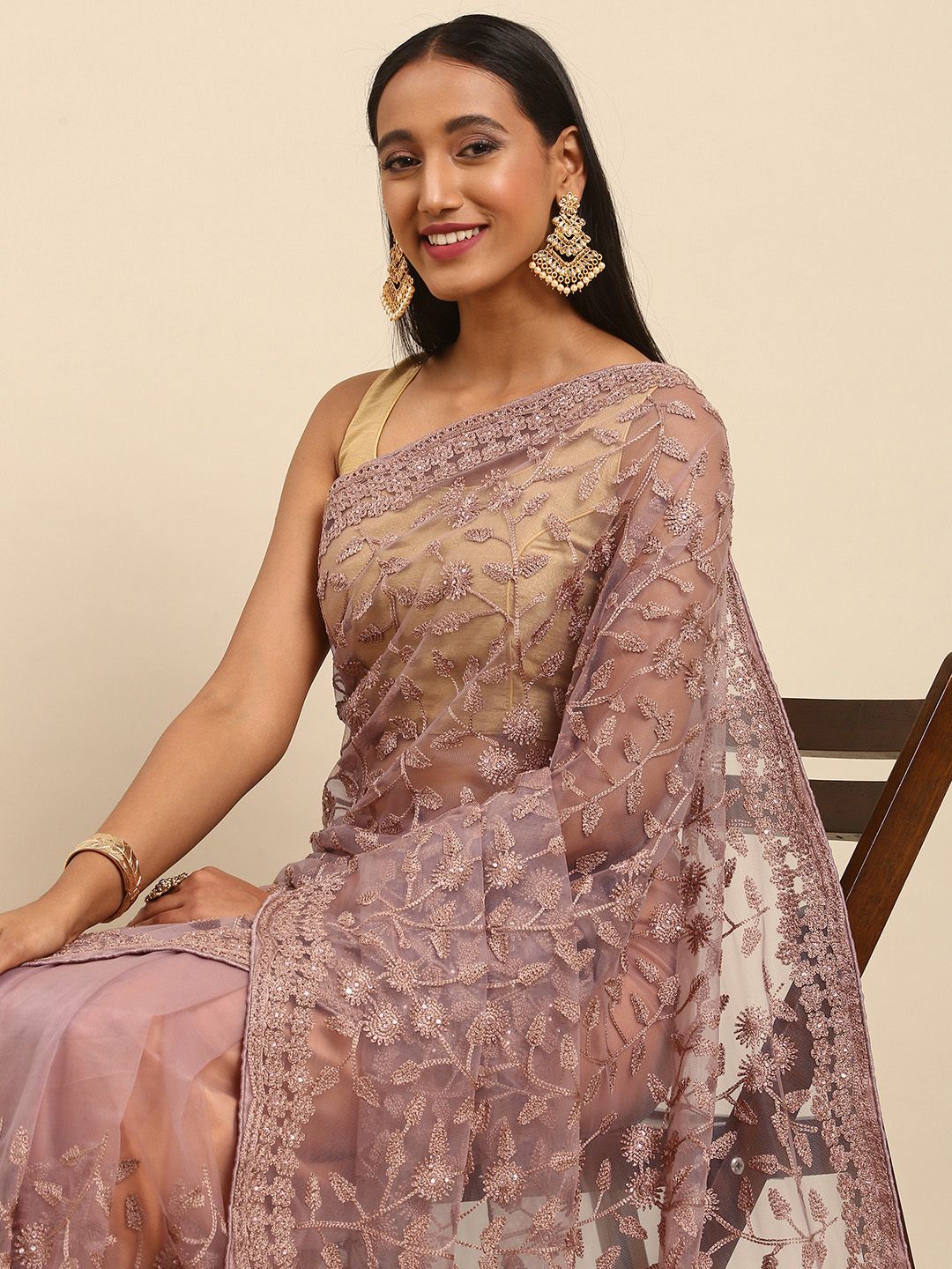 all about you Women Pink & Silver Floral Embroidered Fusion Net Saree