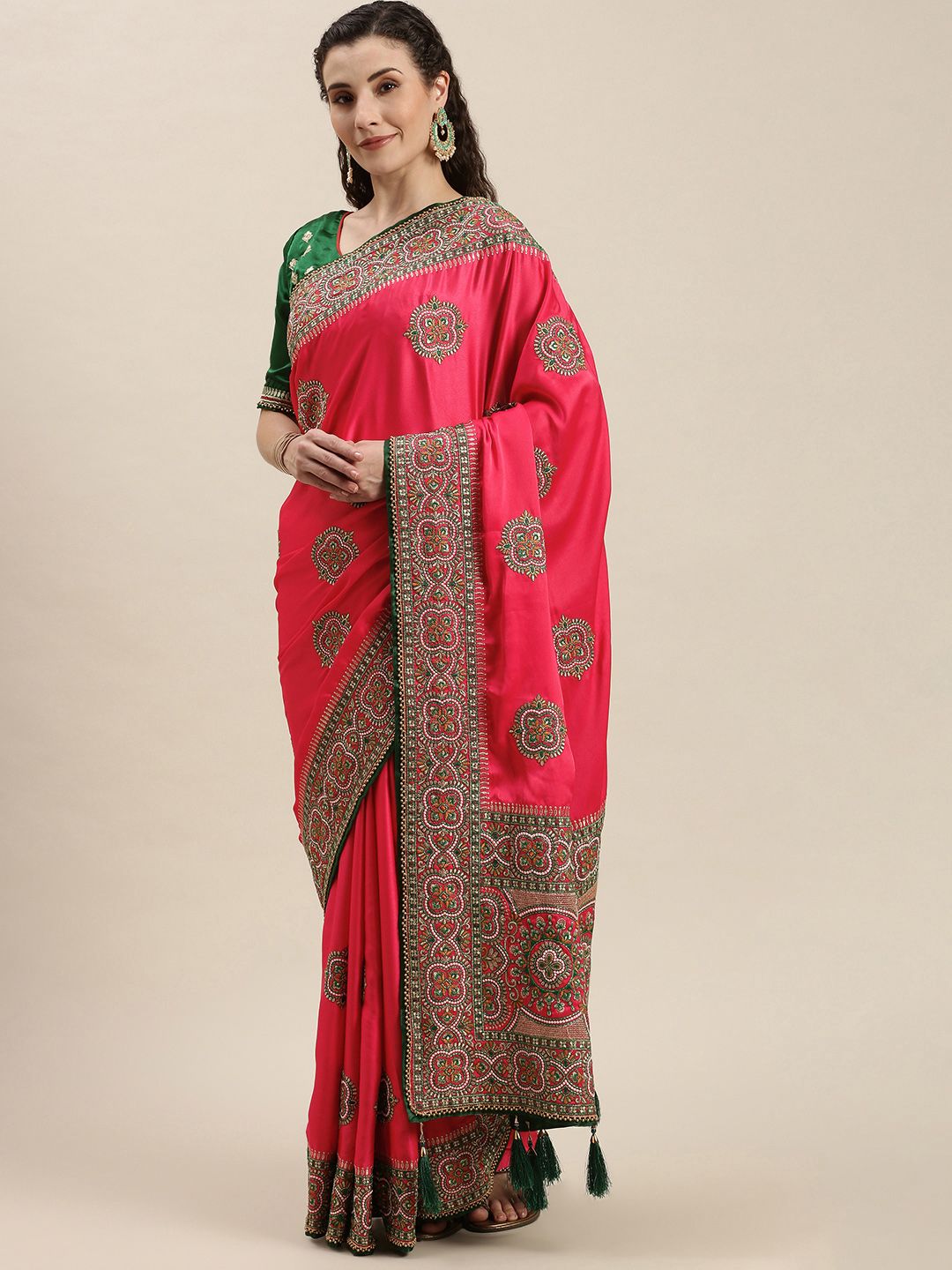 Amrutam Fab Pink & Green Ethnic Motifs Woven Design Embroidered Pure Silk Saree Price in India