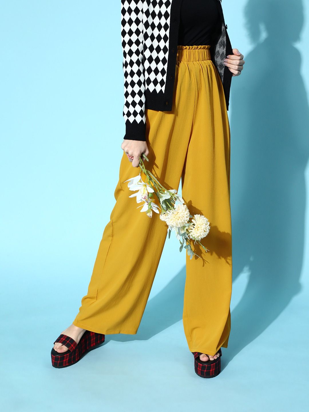 Berrylush Women Stylish Mustard Solid Elevated Bottom Trousers Price in India