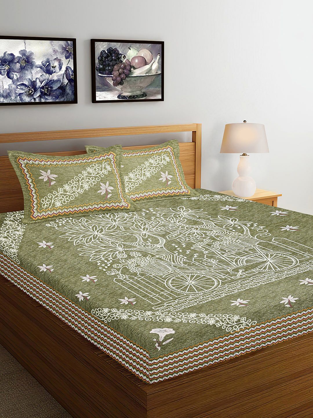 Ispace Olive AROMA 120 TC Cotton Jaipuri King Bedsheet With 2 Pillow Covers Price in India