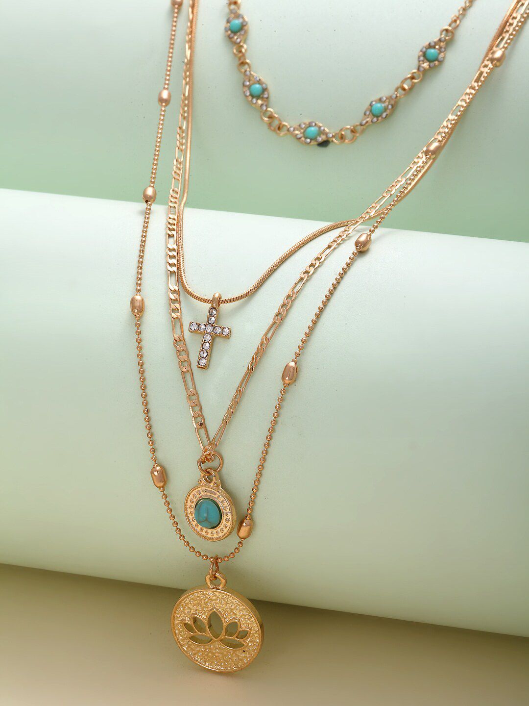 Ferosh Gold-Toned & Turquoise Blue Stone Layered Necklace Price in India