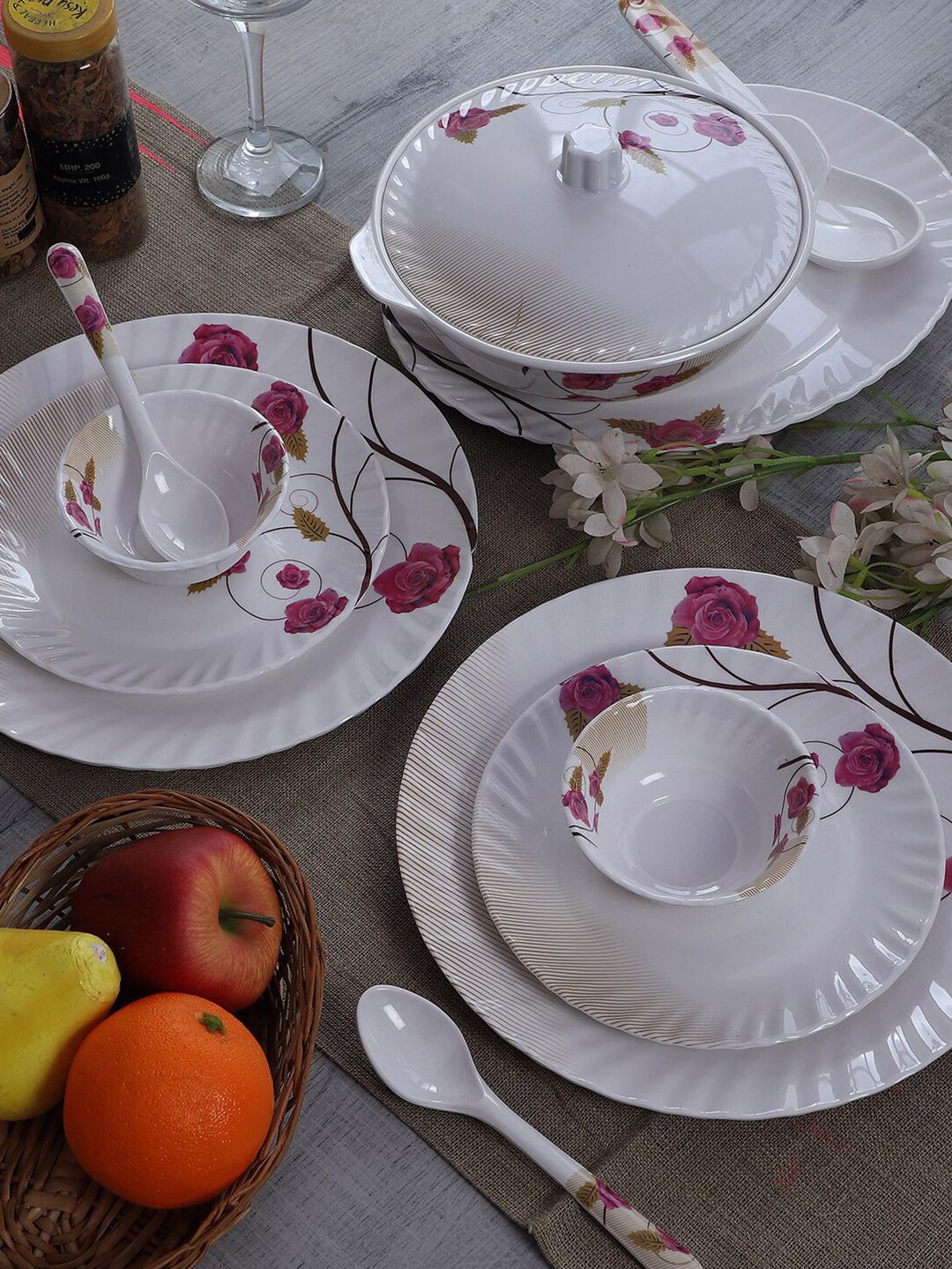 CDI White & Magenta Pieces Printed Melamine Glossy Dinner Set Price in India