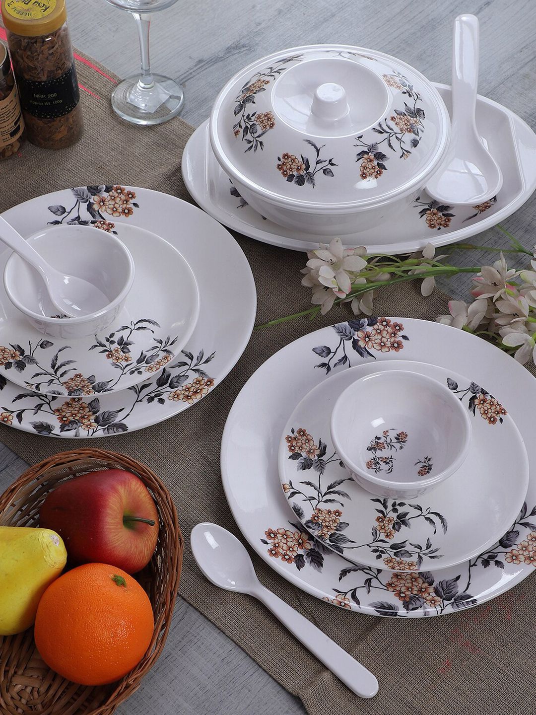 CDI White & Brown 40 Pieces Printed Melamine Glossy Dinner Set Price in India