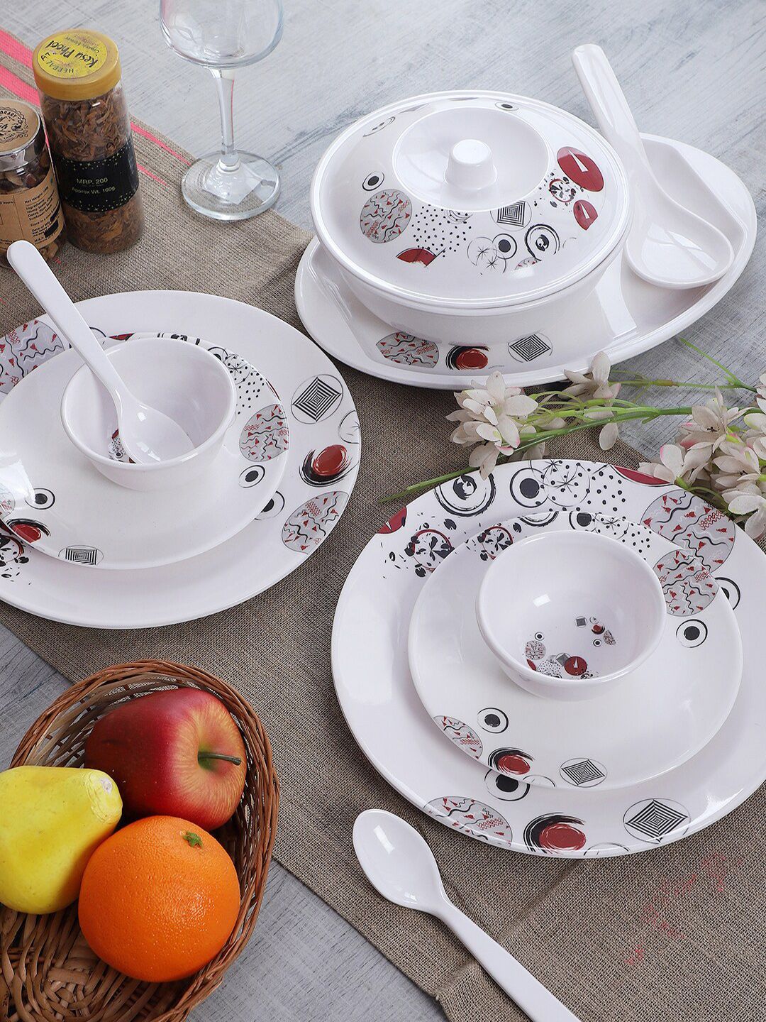 CDI White & Red 40 Pieces Printed Melamine Glossy Dinner Set Price in India