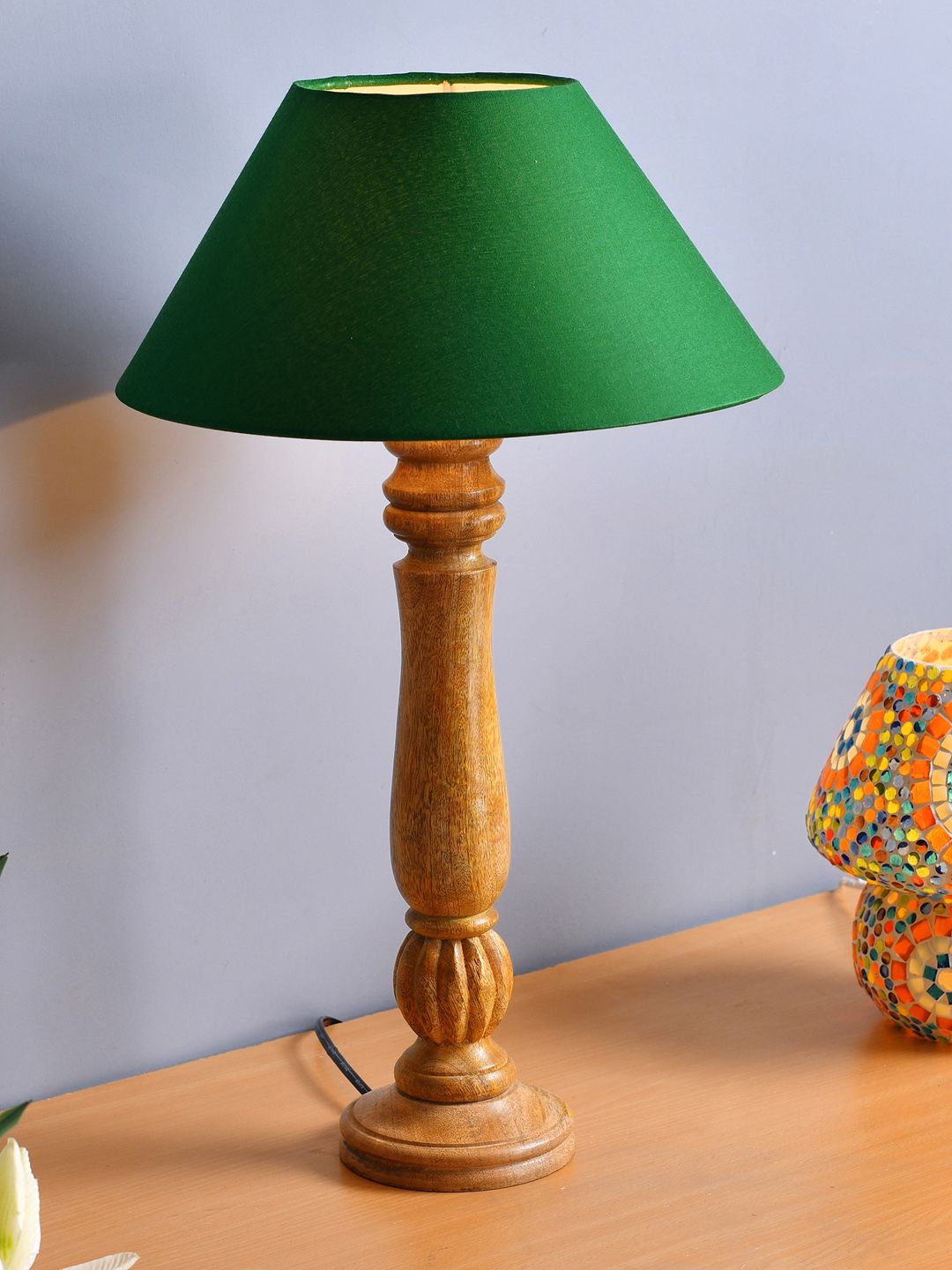 Homesake Brown & Green Classic Victorian Natural Wood Table Lamp With Shade Price in India