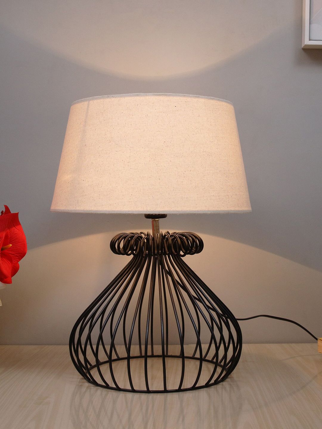 Homesake Black Modern Inverted Cone Table Lamp Hollowed Out Base With Khadi Shade Price in India