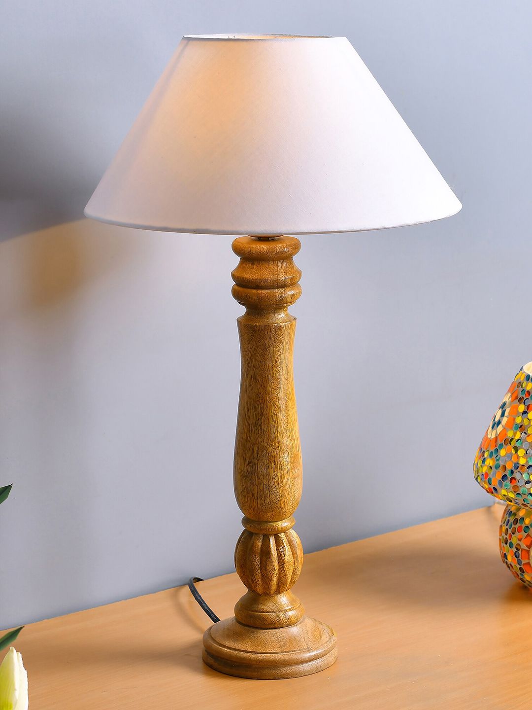 Homesake Brown & White Classic Victorian Natural Wood Table Lamp Price in India