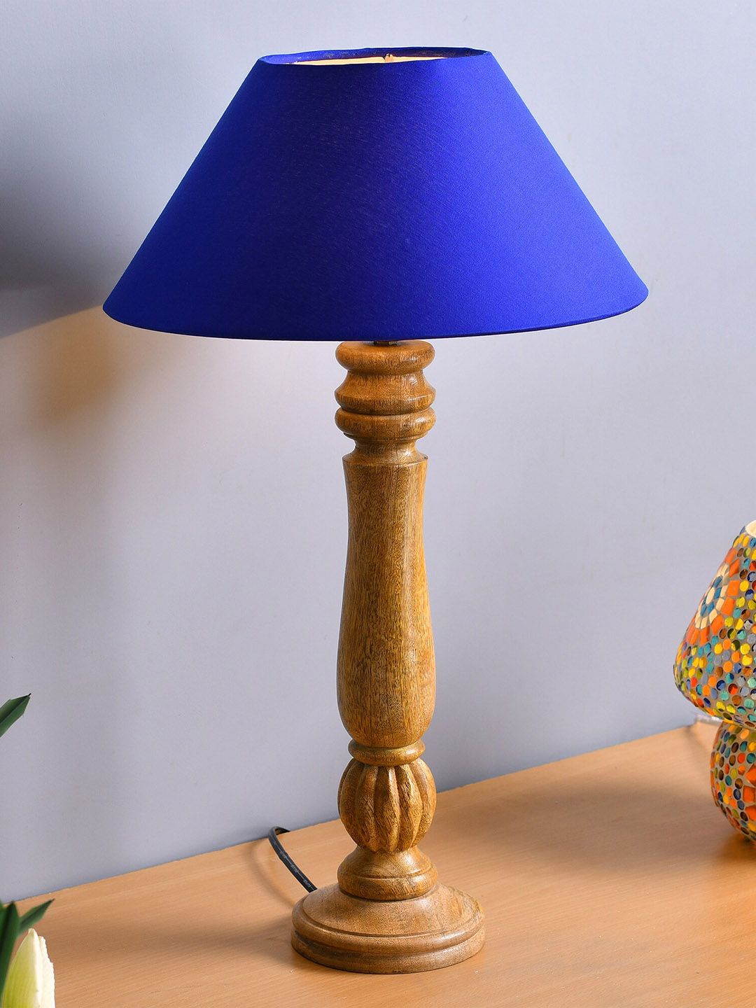 Homesake Blue Classic Victorian Natural Wood Table Lamp With Shade Price in India