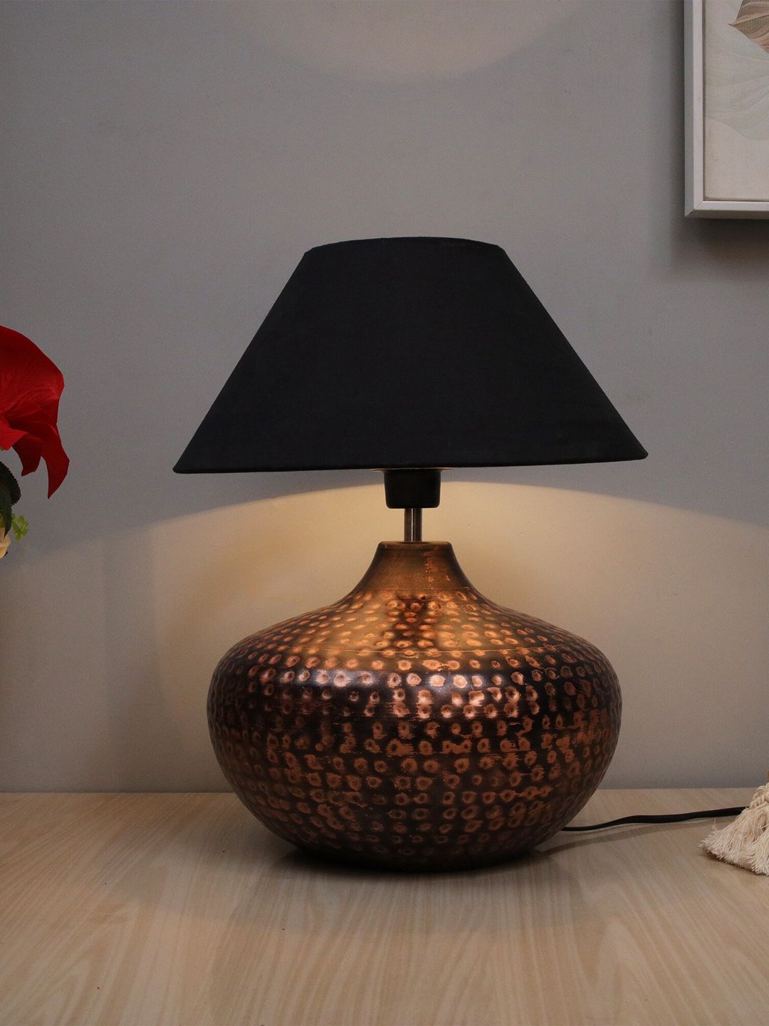 Homesake Brown Antique Hammered Table Lamp with Black Shade Price in India