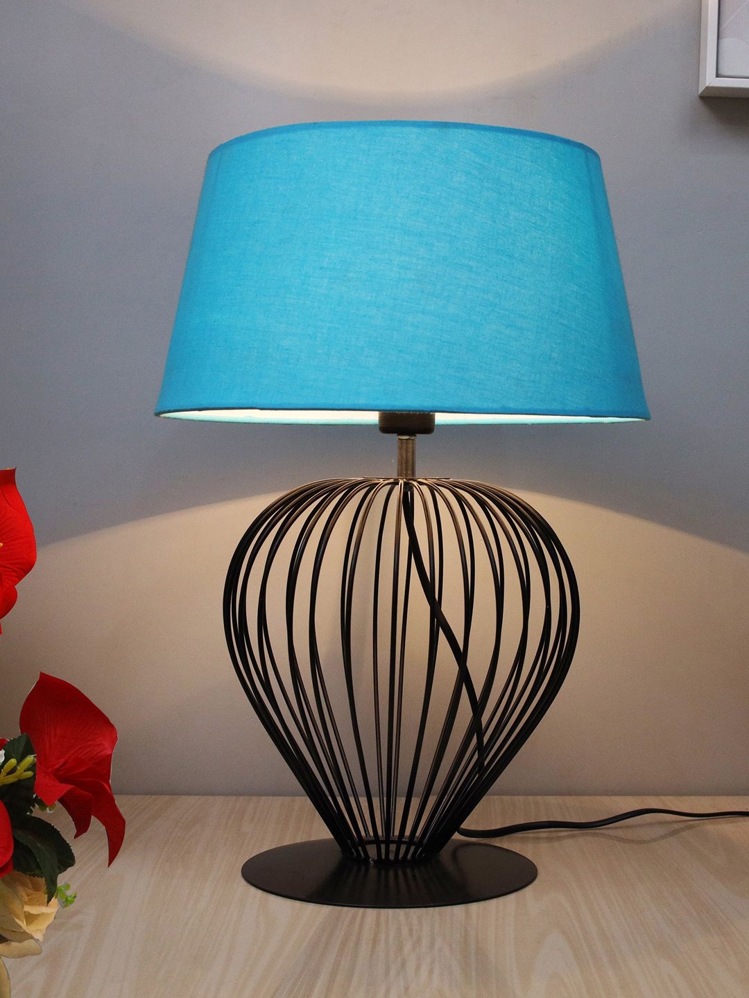 Homesake Black & Turquoise Blue Modern Tulip Table Lamp Hollowed Out Base With Shade Price in India
