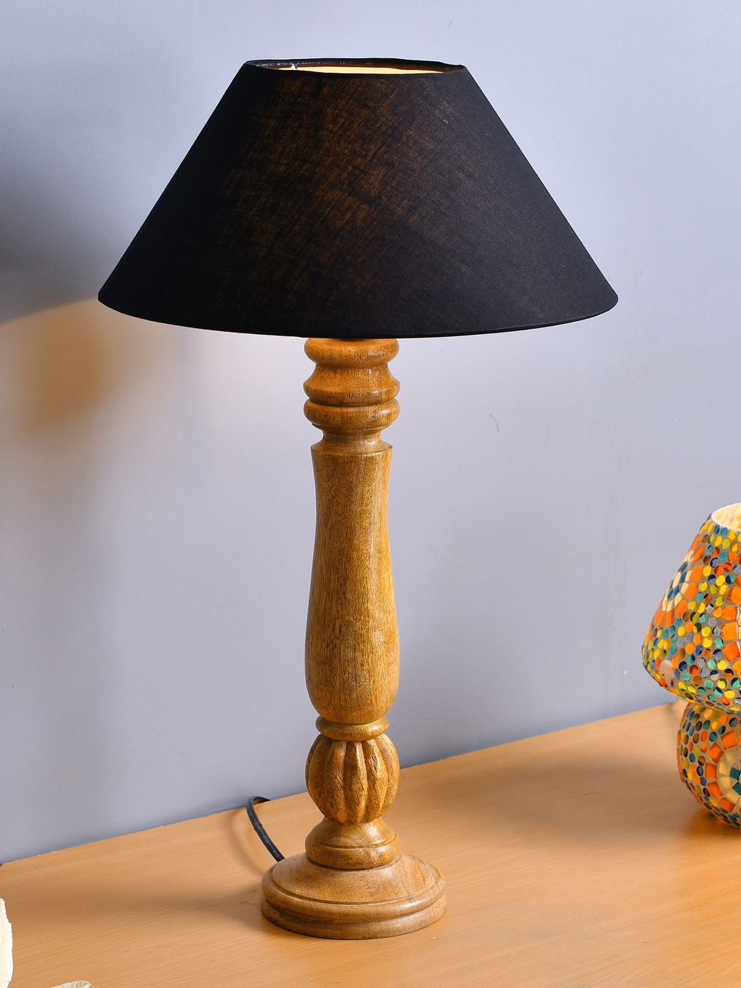 Homesake Black Classic Victorian Natural Wood Table Lamp with Shade Price in India