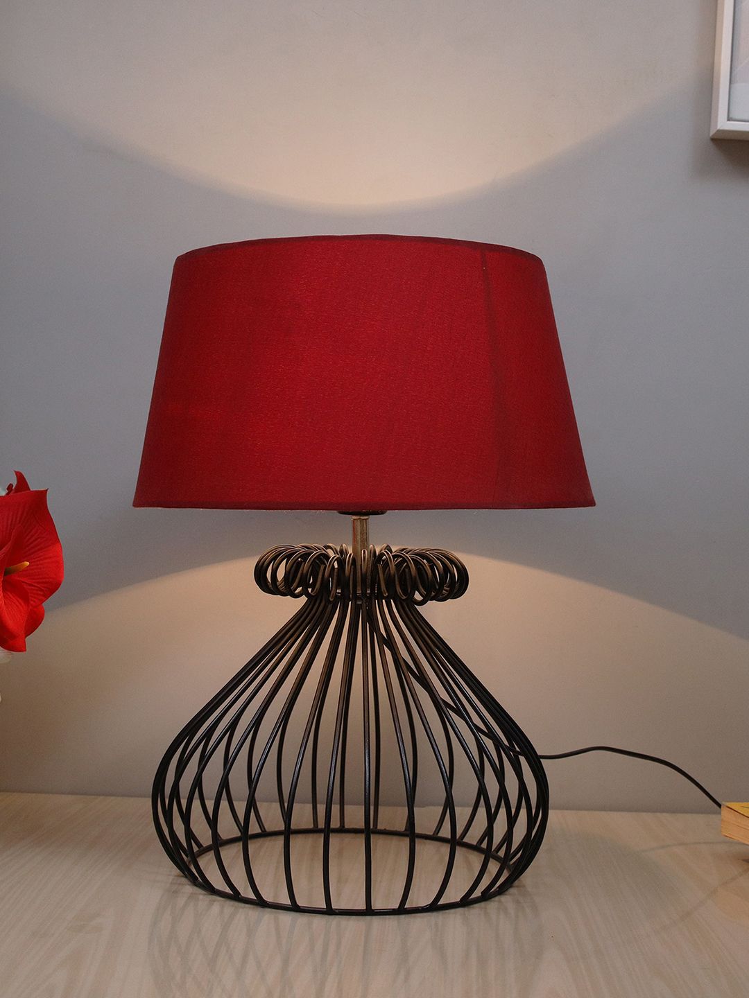 Homesake Black Inverted Cone Table Lamp Hollowed-Out Base With Red Shade Price in India