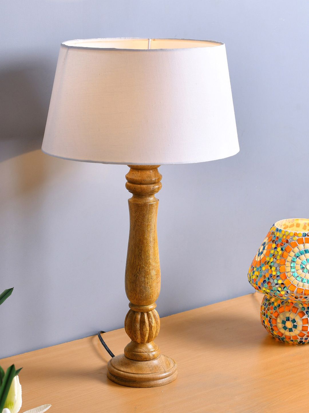 Homesake White Classic Victorian Natural Wood Table Lamp With Shade Price in India