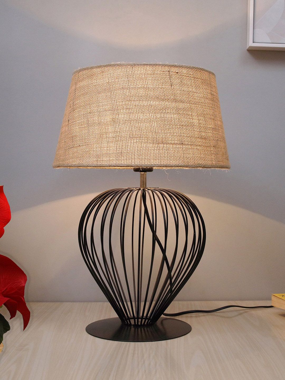 Homesake Black & Beige Modern Tulip Table Lamp Hollowed Out Base With Jute Shade Price in India