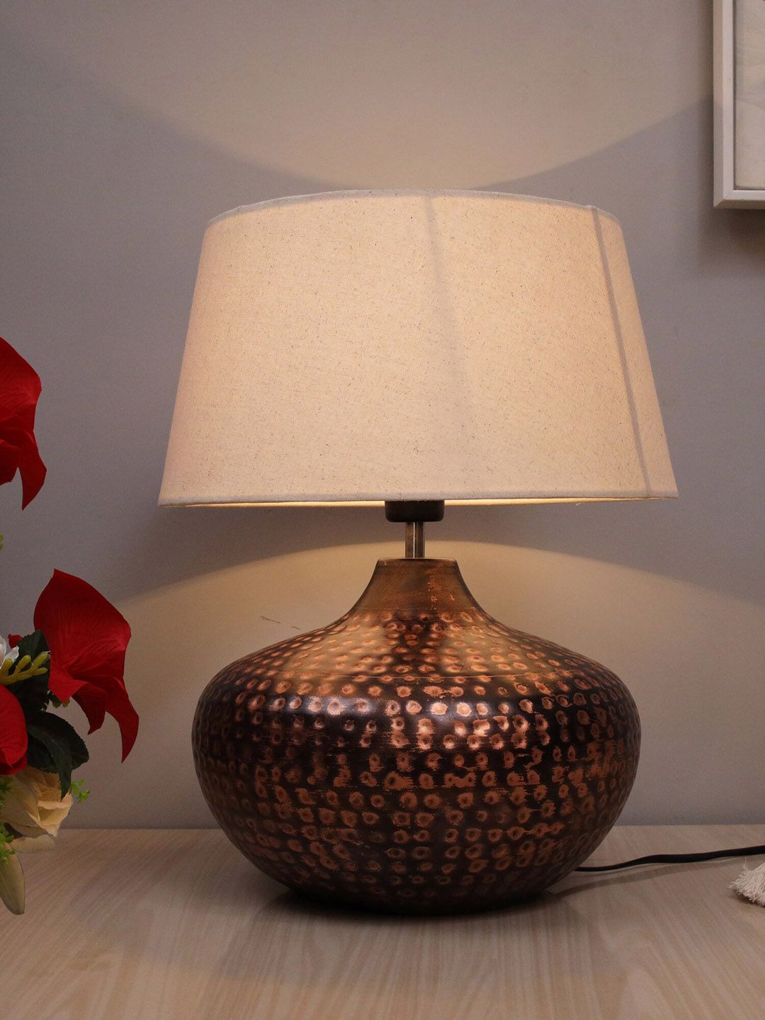 Homesake Beige Antique Hammered Table Lamp With  Khadi   Shade Price in India