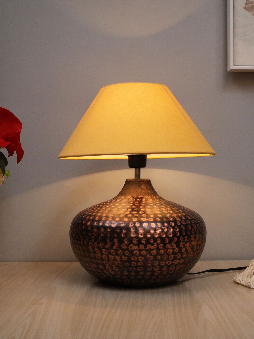 Homesake Brown Oil-Rubbed Gourd Antique Hammered Table Lamp with Golden Shade Price in India