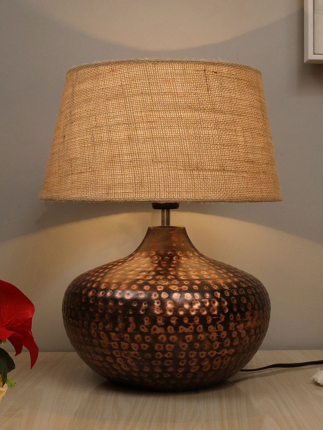 Homesake Brown Antique Hammered Table Lamp with Jute Shade Price in India