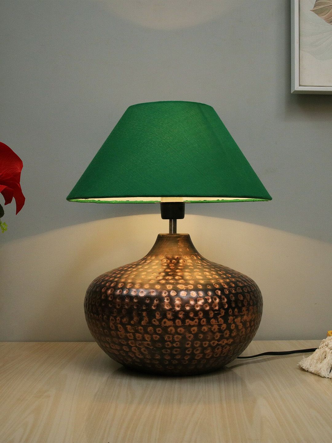 Homesake Green & Copper-Toned Antique Hammered Table Lamp Price in India