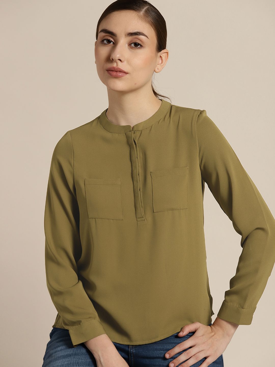 ether Olive Green Mandarin Collar Shirt Style Top Price in India