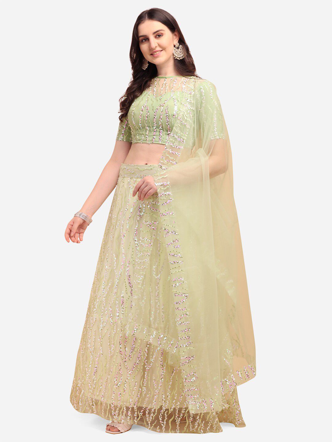 JATRIQQ Green & Pink Embellished Sequinned Semi-Stitched Lehenga & Unstitched Blouse With Dupatta Price in India