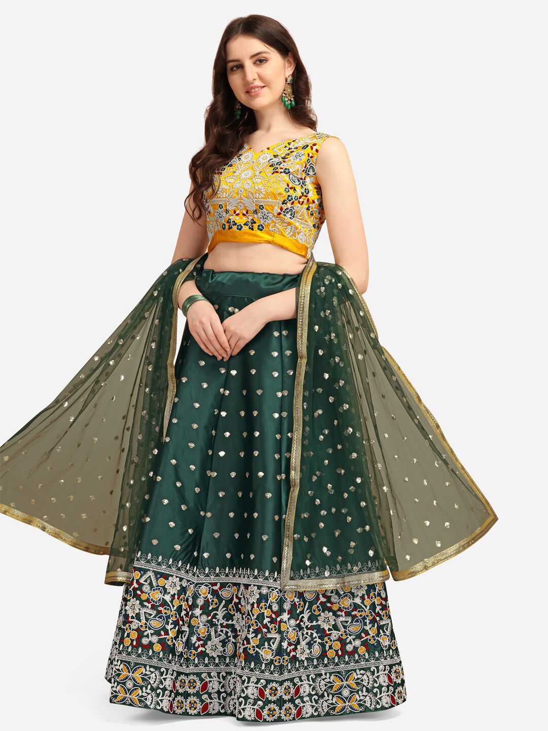 JATRIQQ Women Green & Yellow Semi-Stitched Lehenga & Unstitched Blouse with Dupatta Price in India