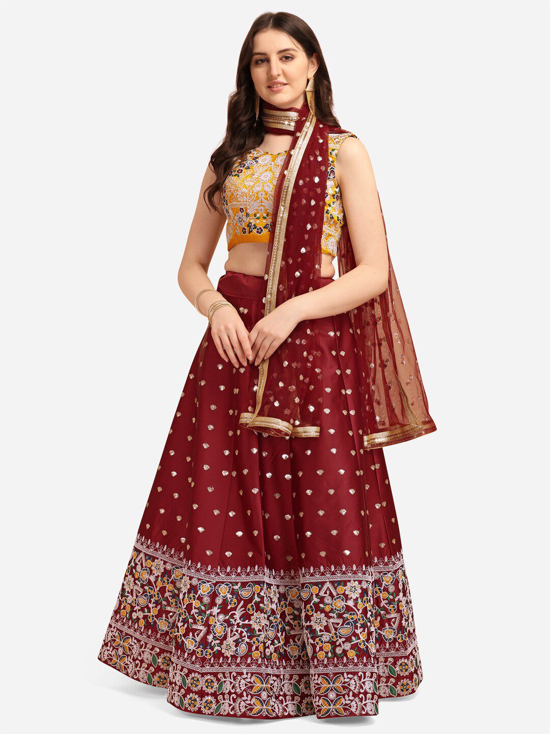 JATRIQQ Maroon Embroidered Thread Work Semi-Stitched Lehenga & Unstitched Blouse With Dupatta Price in India