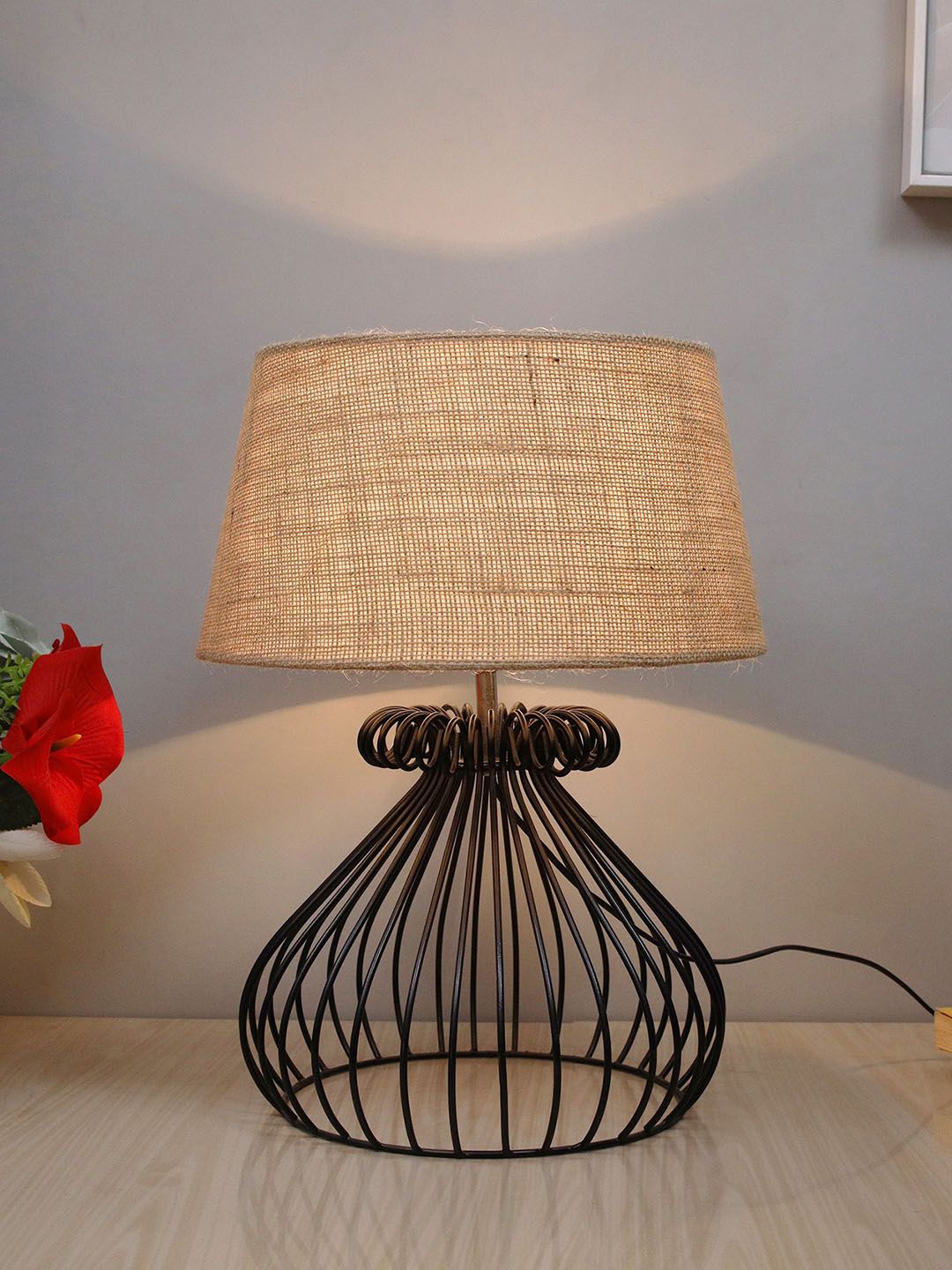 Homesake Beige Modern Table Lamp Hollowed Out Base With Jute Shade Price in India