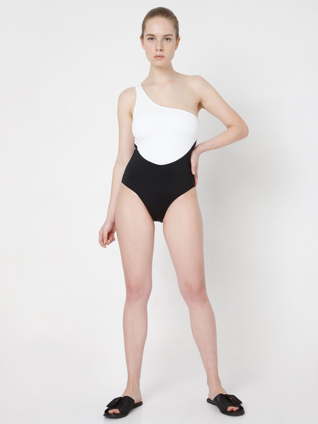 Vero Moda White & Black Colourblocked Swimsuit Price in India