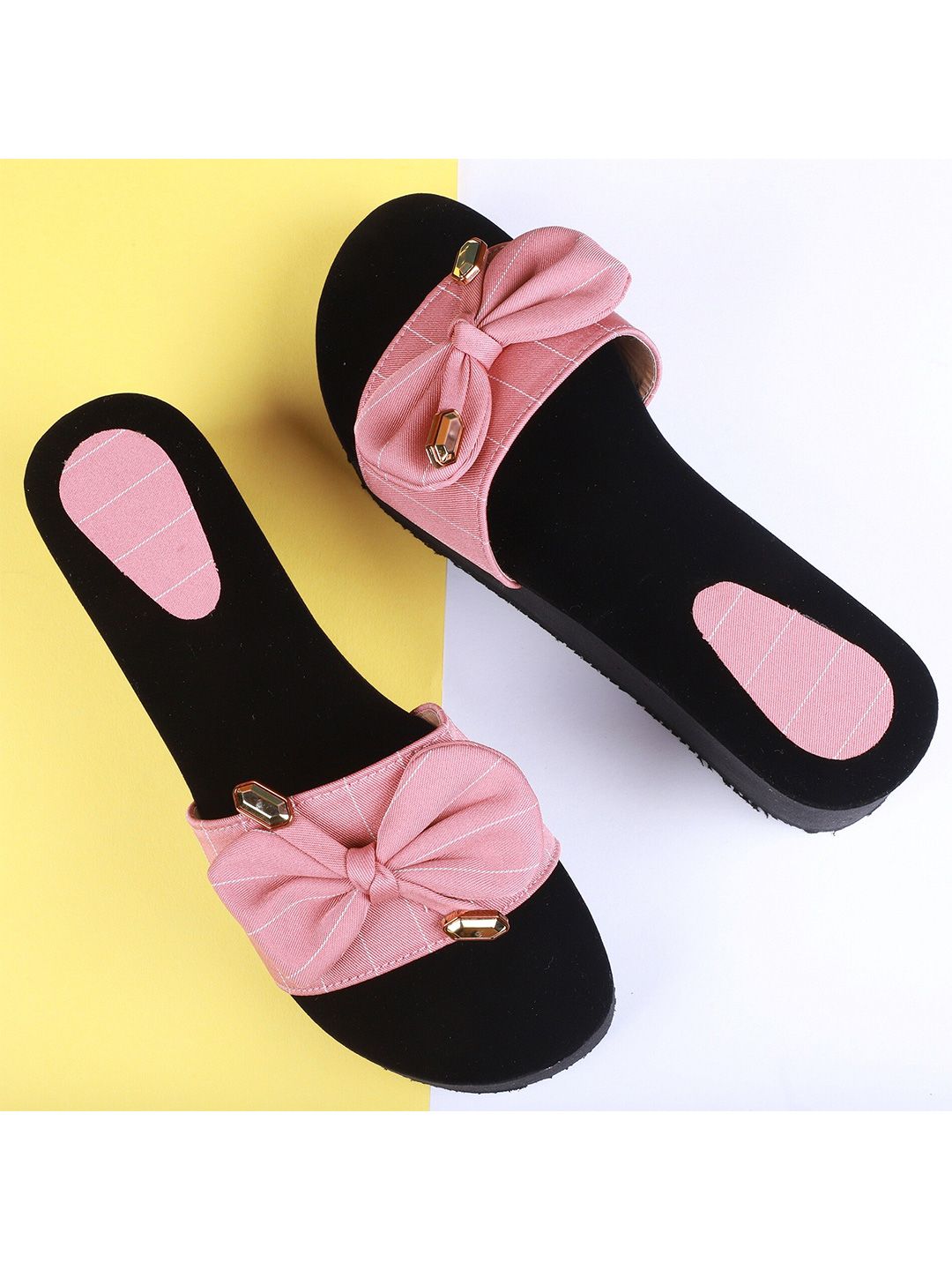 FABBMATE Pink & Black Embellished Wedge Sandals with Bows Price in India